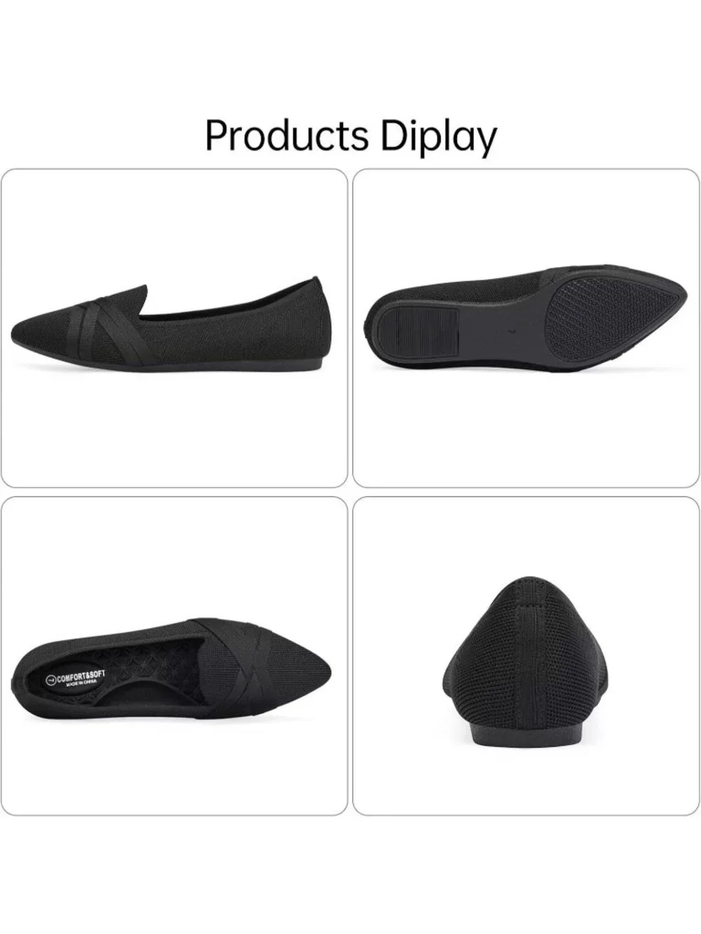 Women's Black Comfortable Knit Casual Pointed Toe Ballet Flats with Bow Shoes